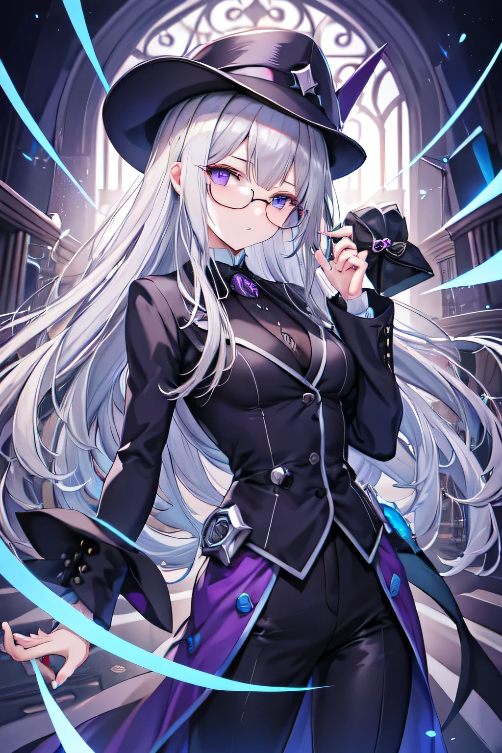 18 year old girl、silver hair、long hairstyle、expressionless face、wearing glasses、Wearing a tricorn hat、he is wearing a purple suit all over his body.、in a dark labyrinth