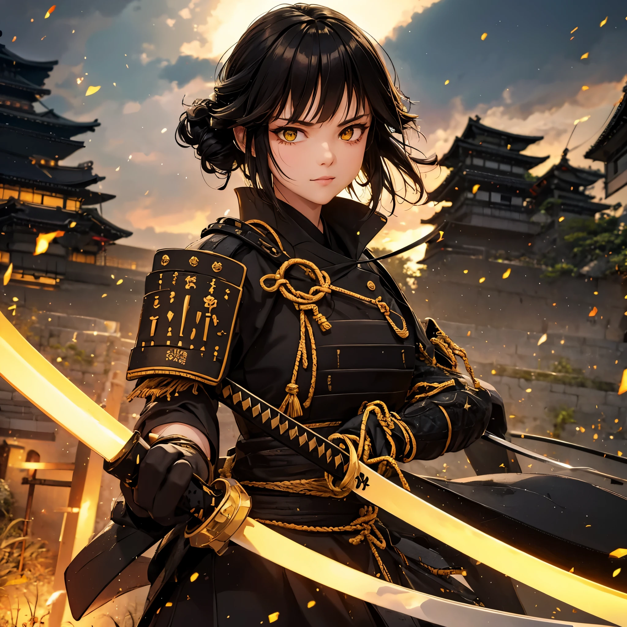 a woman with black hair, ponytailed hair, yellow eyes, wearing black samurai armor with gold trim, holding a katana, outside a traditional Japanese fortress.
