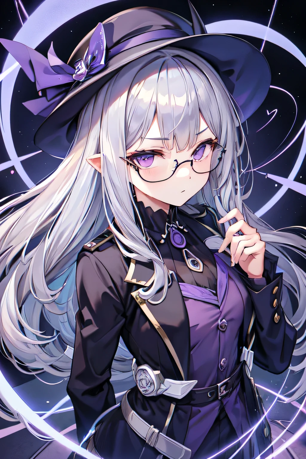 18 year old girl、silver hair、long hairstyle、expressionless face、wearing glasses、Wearing a tricorn hat、He wears a tight purple suit all over his body.、in a dark labyrinth