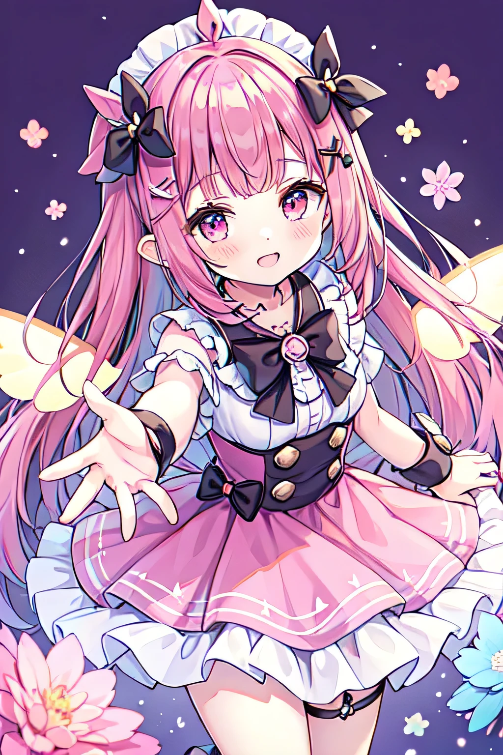 13 year old girl、has fairy wings、pink hair、long hair、smile、outstretched arm