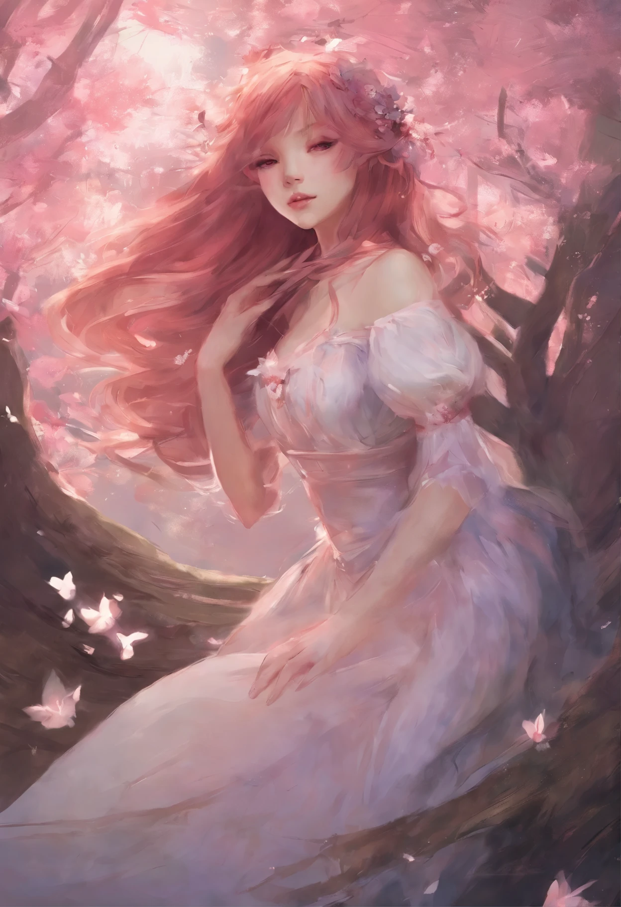 hay una mujer con cabello rosado sentada en una de rodillas, obra de arte al estilo de guweiz, Guweiz en ArtStation Pixiv, guweiz, arte digital, animado. soft lighting, beautiful fantasy anime, beautiful animado girl, animado art, lovely languid fairy