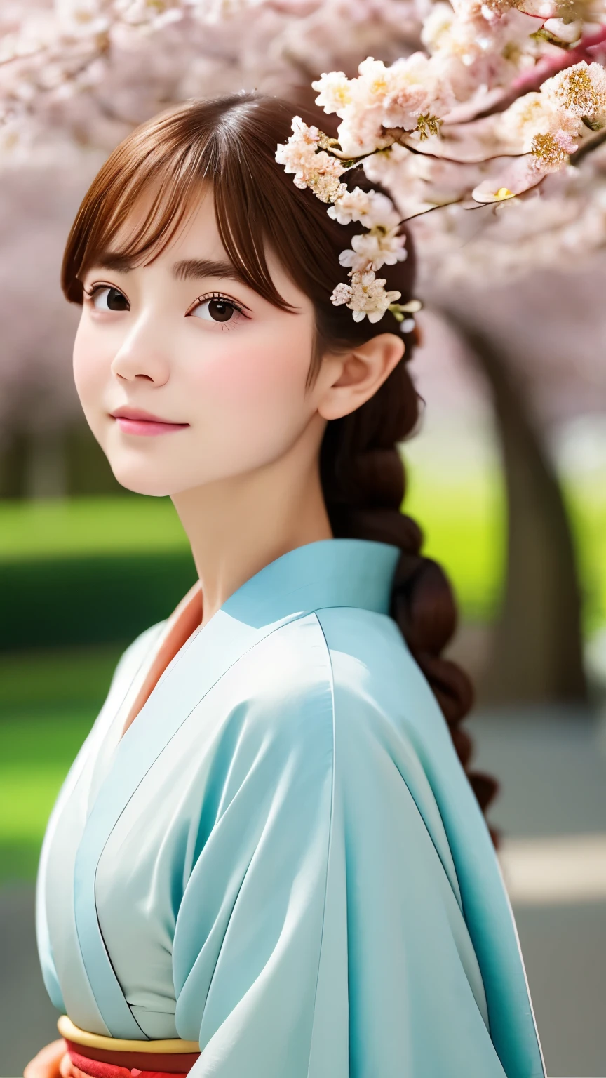 one girl、((笑face:0.1))、pretty girl、dark beige hair、童face、young、delicate girl、Braid、Upper body、small breasts、unreasonable precision、Super detailed、レガントなface, shoulder length straight hair, (kimono)、Japanese clothing、beautiful skin,natural look, (詳しいface), ((sharp focus)), ((face)), Upper body_body、Honesty、thin arms, professional lighting, film grain, chromatic aberration, (目とfaceの詳細:1.0), (Bokeh:1.1)、software:1.5)))、 highest quality, 8K, 14 years,(Cherry tree in full bloom:1.*****shino cherry tree、The beautiful city of Kyoto