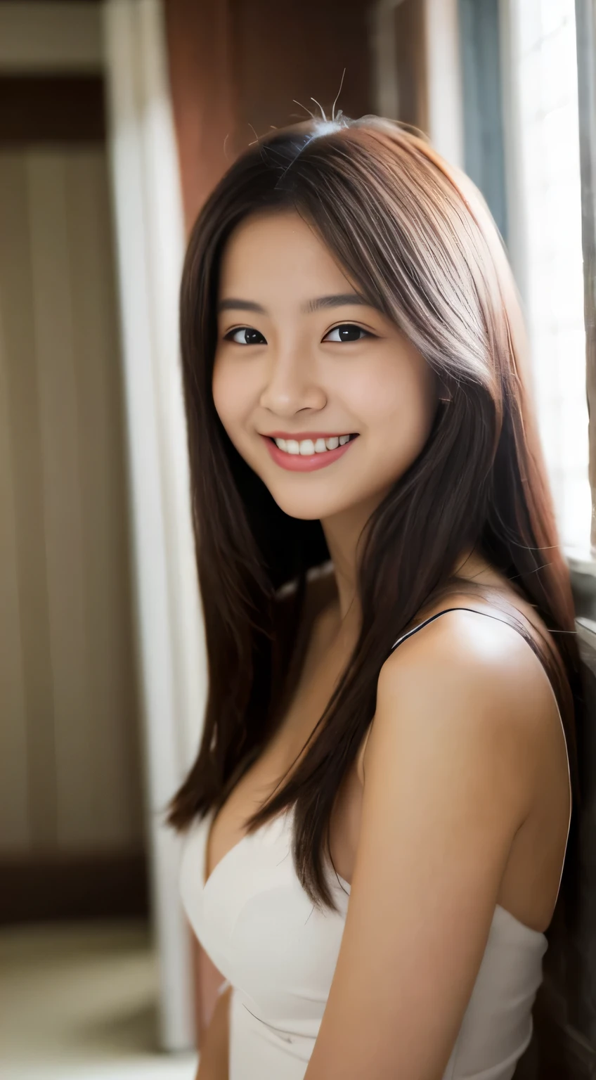 masterpiece,best quality,(Japanese ),((Beautiful girl)),cleavage,indoor,(perfect body beauty:1.2),(shy smile),beautiful teeth,