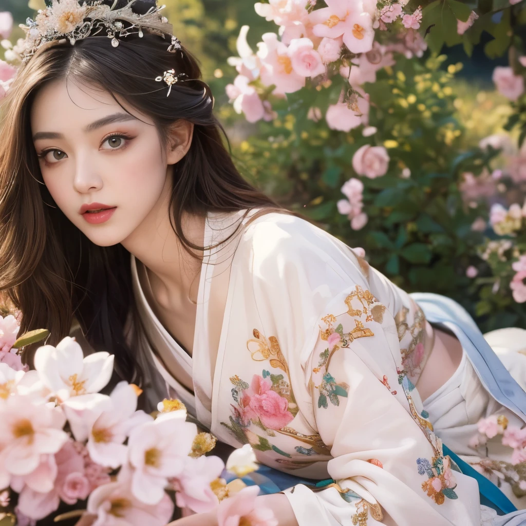 Blue sky and white clouds，Yunshan in the distance、tower and many people，pink flowers，Cherry tree，Hanfu woman,Phoenix Crown Tiara、Detailed embroidery、穿Hanfu裤袜、Hanfu、穿着长袖Hanfu、Transparent and clearly visible、Look and、Bare oversized breasts、raw,(8K、top quality、masterpiece:1.8)、(intricate details:1.8)、(Realism:1.8)、Octane number renderings、Complex 3D renderings with ultra-details, Studio soft light, edge light, Vibrant details, Ultra-detailed, Realistic skin texture, Details, beautiful eyes, Very detailed CG Unity 16k wallpaper, cosmetics, (Detailed background:2.0), clear fingers，beautiful fingers，skin glowing、spread your legs，Camel toe showing thigh!!!、