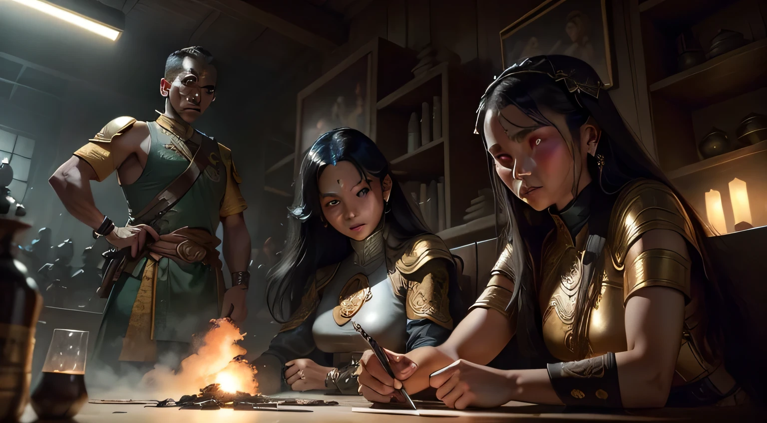 Soldiers of the Majapahit kingdom in Java, 13stcentury,javanese hinduism era,equipped with swords, spears, and shields, and they are highly skilled in close combat, sharp focus, emitting diodes, smoke, artillery, sparks, shelves, system units, motherboards, by pascal blanche rutkowski repin art hyperrealism painting concept art station matte painting detailed character design, blade runner 4 k resolution