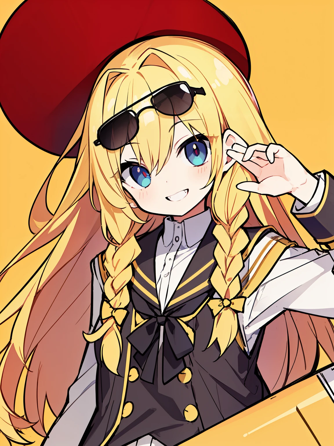 (highest quality、masterpiece:1.2) ((1 girl)) golden hair、black eye、Braid、elegant (school uniform) (flat chest) beautiful eyes、beautiful hair (smile) sharp teeth (sunglasses)
