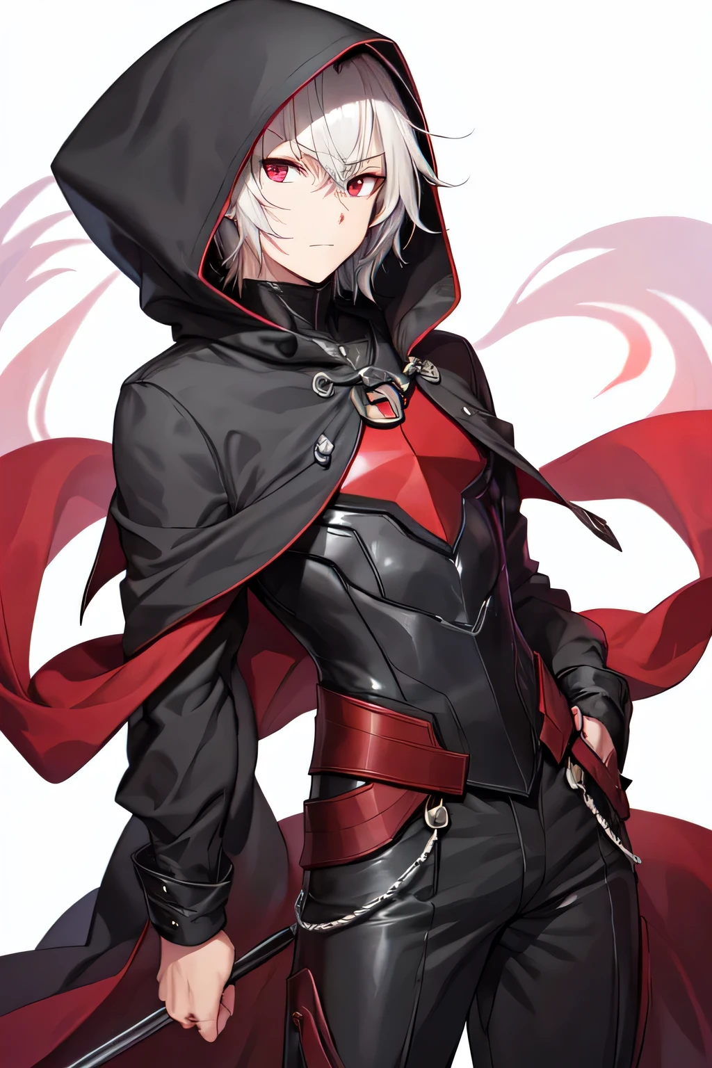 20 year old male、silver short hair、all back、Hair stands on end、wearing a black suit、red eyes、sharp face、wearing a black hood、Wearing a black cloak