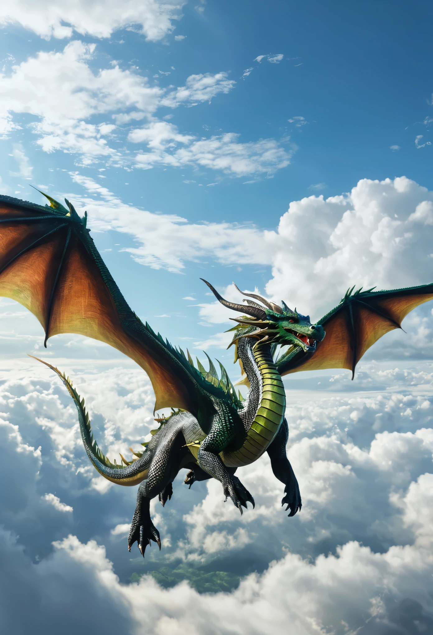 a close-up of a dragon flying through the sky, Dragões flying in the sky, Dragões flying around, flying mythical beasts, Symmetrical epic fantasy art, dragon flying in sky, great mystical winged serpent, dragon flying in sky, giant dragon flying in sky, hidra, dragon in the sky, ultraterrestrial Dragons