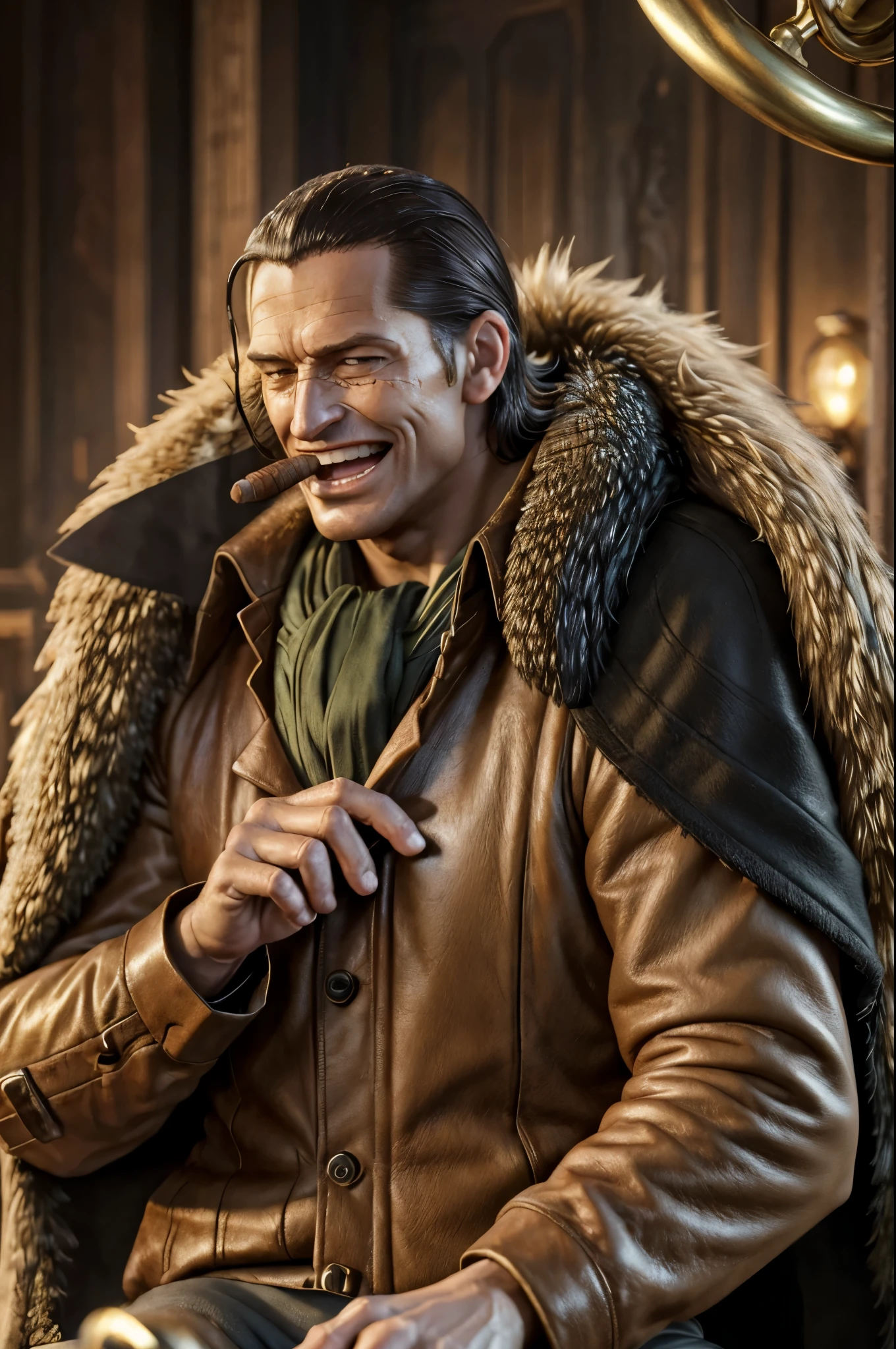 masterpiece, best quality, extremely detailed, hyperrealistic, photorealistic, a cool 40s man, ultra detailed face:1.2, fur-trimmed coat, scarf around the neck, his left hand is a golden pirate hook:1.1, laughing,, cigar:1.1