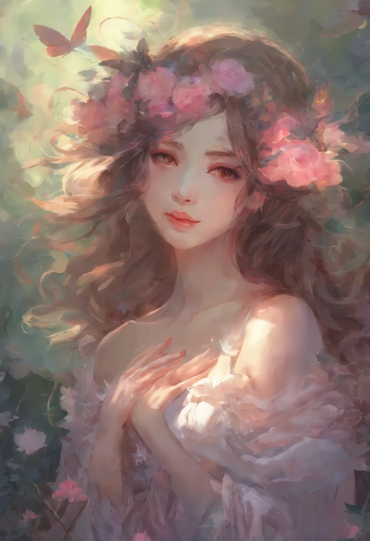 hay una mujer joven con cabello rosado sentada de rodillas, obra de arte al estilo de guweiz, Guweiz en ArtStation Pixiv, guweiz, arte digital, animado. soft lighting, beautiful fantasy anime, beautiful animado girl, animado art, lovely languid fairy