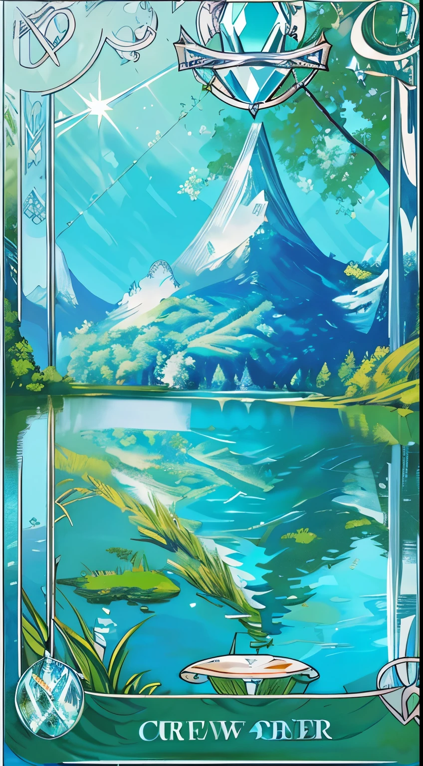 Masterpiece, Best Quality, Ultra-Detailed, a card of a large and beautiful blue lake, clear and crystal clear water, surrounded by a field of lush green grass, daylight, blue sky, conceptual art, matte paiting, (((tarot card:1.0))), card, tarot