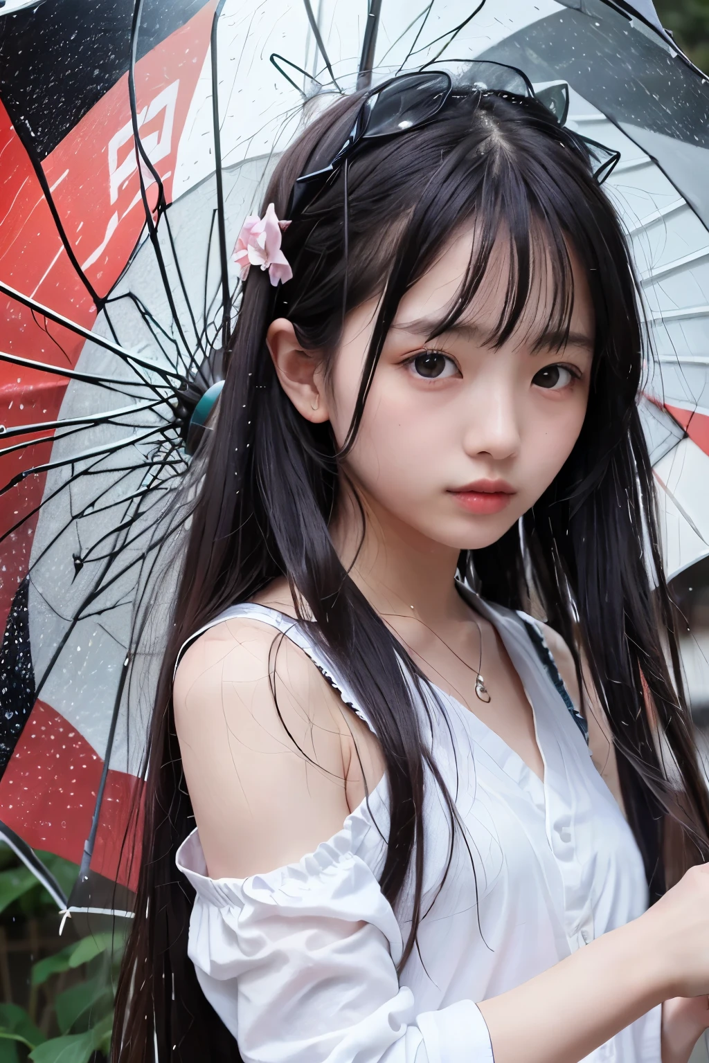 (20-year-old:1.3)、Highest image quality、masterpiece、Super A high resolution、(Fidelity 1.4)、photograph、1 Japanese girl、film-like、bare shoulders、real rain、wet hair、overwhelmingly cute、Unprecedented cuteness