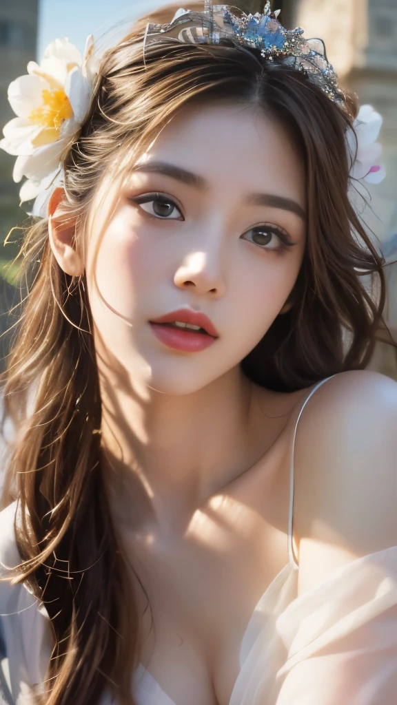 Blue sky and white clouds,Yunshan is far away、tower and many people,pink flowers,Cherry tree,hanfu woman,Phoenix Crown Tiara、Detailed embroidery、Wear hanfu pantyhose、hanfu、Wearing long-sleeved hanfu、Transparent and clearly visible、Look and、Bare oversized breasts、raw,(8K、top quality、masterpiece:1.8)、(复杂的detail:1.8)、(realism:1.8)、Octane number renderings、具有超detail的复杂 3D 渲染, Studio soft light, rim light, Vibrant details, Super detailed, Realistic skin texture, detail, beautiful eyes, Very detailed CG Unity 16k wallpaper, cosmetics, (Detailed background:2.0), clear fingers,beautiful fingers,glowing skin、spread your legs,Camel toe showing thigh!!!、