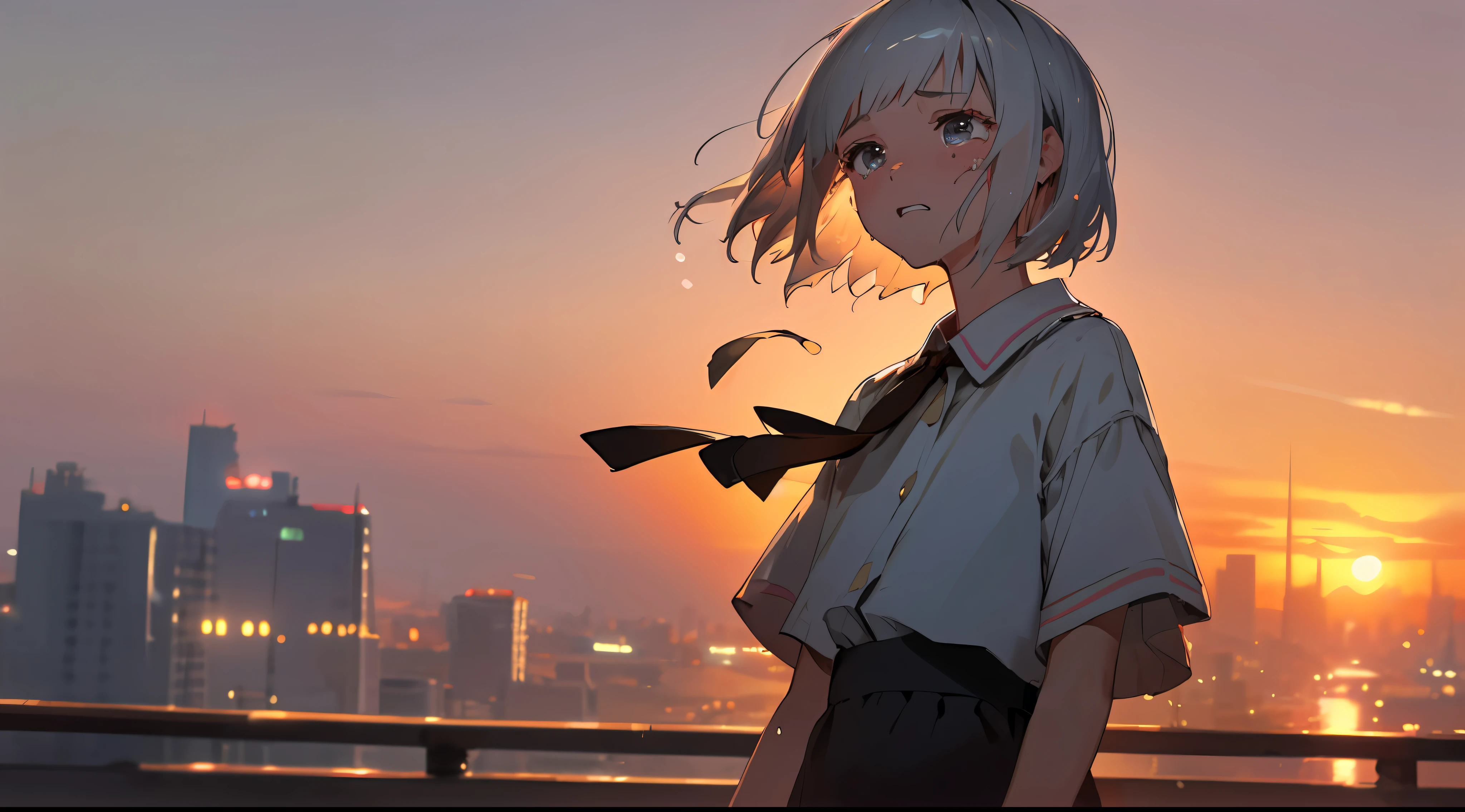 Vista, Panorama, Perspective, Depth of Field, Bust, Upper Body, Cinematic Angle, Masterpiece, Best Quality, Ultra Detailed, CG, 8K Wallpaper, Beautiful Face, Delicate Eyes, A Maiden, Solo, Short Silver Hair, Short Sleeves, Shorts, Crying Loudly, Crying, Tears, Complex Background, City Background, Sunset, Dusk, Sunset