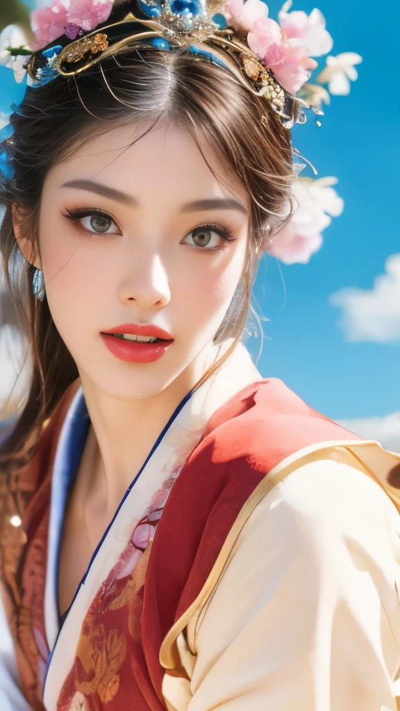Blue sky and white clouds,Yunshan in the distance、tower and many people,pink flowers,Cherry tree,Hanfu woman,Phoenix Crown Tiara、Detailed embroidery、穿Hanfu裤袜、Hanfu、穿着长袖Hanfu、Transparent and clearly visible、Look and、Bare oversized breasts、raw,(8K、top quality、masterpiece:1.8)、(intricate details:1.8)、(Realism:1.8)、Octane number renderings、Complex 3D renderings with ultra-details, Studio soft light, edge light, Vibrant details, Ultra-detailed, Realistic skin texture, Details, beautiful eyes, Very detailed CG Unity 16k wallpaper, cosmetics, (Detailed background:2.0), clear fingers,beautiful fingers,skin glowing、spread your legs,Camel toe showing thigh!!!、