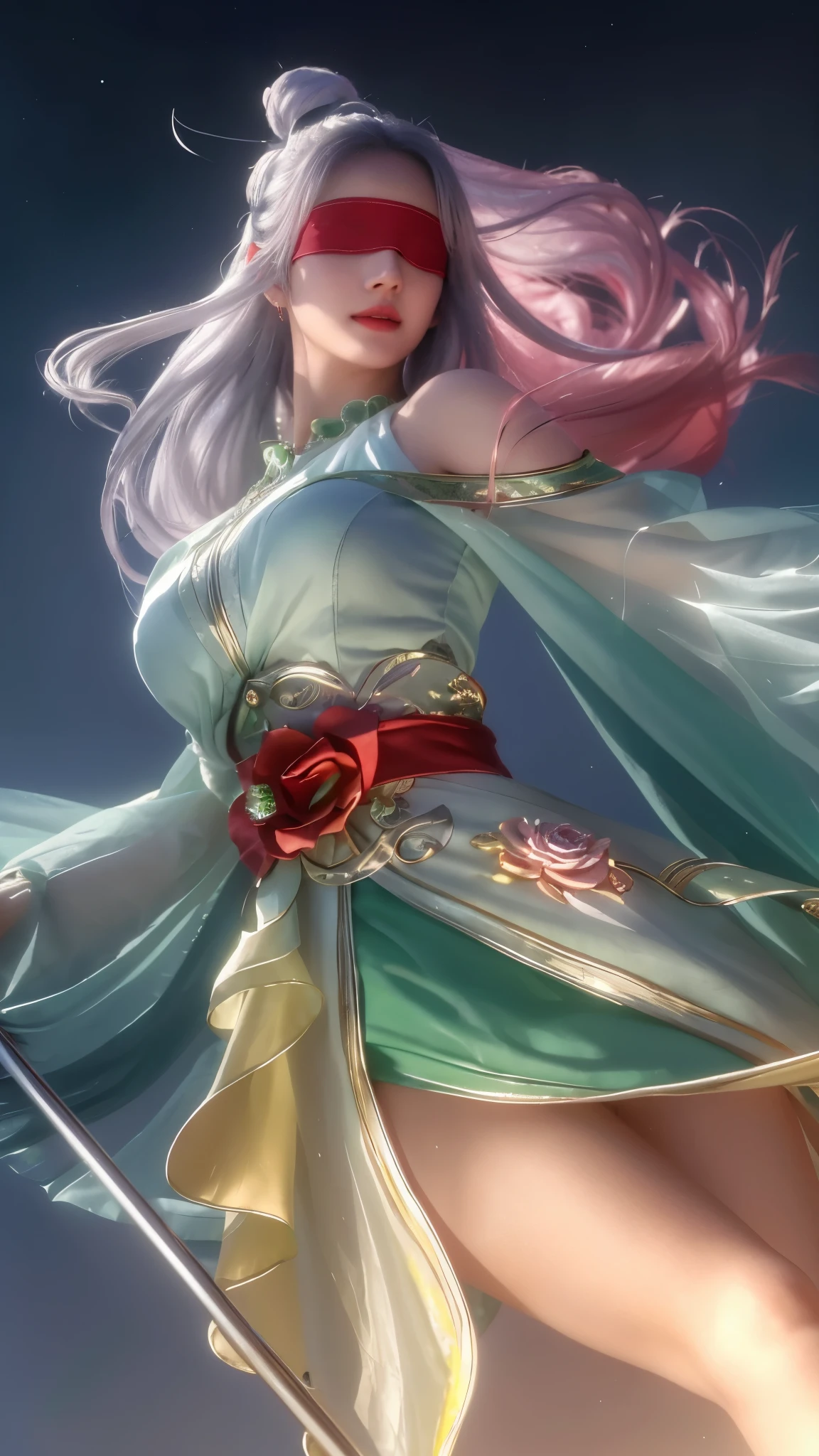 (realistic,photorealistic:1.37),(best quality,4k,8k,highres,masterpiece:1.2),ultra-detailed,beautiful silver hair,red blindfold,white and green dress,beautiful detailed lips,dreamy atmosphere,soft lighting,intense gaze,subtle smile,eye-catching colors,delicate details,lovely pose,None of the background should be drawn Now best quality,4k,ultra-detailed,realistic image of a woman with silver hair, wearing a red blindfold and a white and green dress that gives a dreamy atmosphere. The woman has beautiful detailed lips, an intense gaze, and a subtle smile. The image is characterized by eye-catching colors, delicate details, and a lovely pose. The lighting is soft, highlighting the woman's features and creating a sense of tranquility, blindfolded