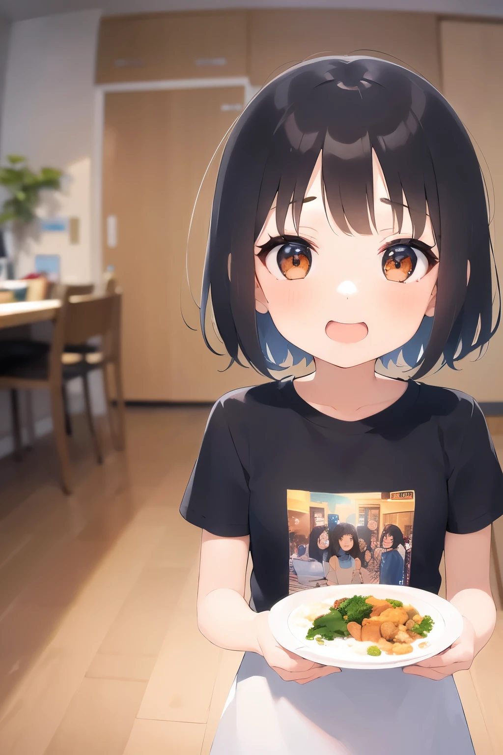 holding a curry on a plate、、bob cut, masterpiece、highest quality、 (hair with brown bangs) and (orange eyes) and (5 year old girl:1.5)、young girl, (blue) and (T-shirt)、smile、open mouth, Are standing、The background is the living room、Upper body is shown、Alone、