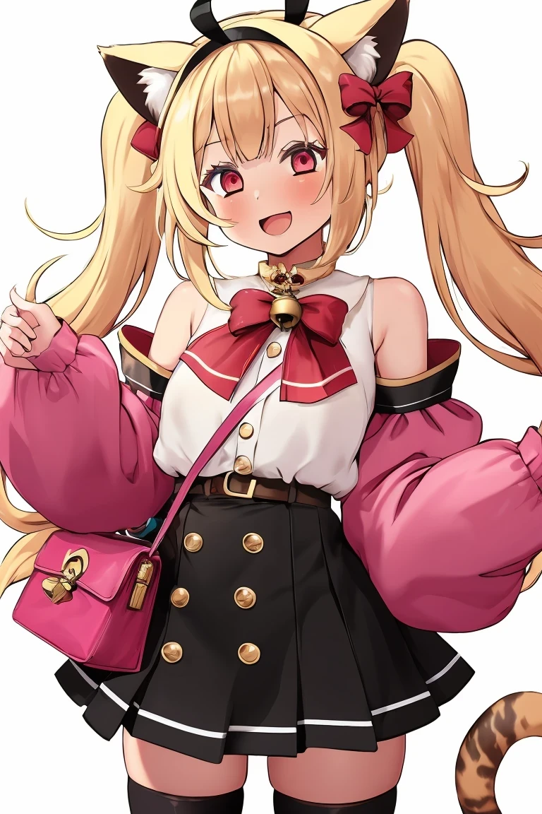 1 girl, animal ears, Thighhighs, tail, long hair, blonde hair, smile, skirt, white background, twintails, :d, bell, long sleeve, Virtual YouTuber, open your mouth, removed sleeve, puffy long sleeve, plump sleeves, simple background, bag, bangs, pink shoes, looking at the viewer, animal bag, bow, turn around, bare shoulders, jingle bell, blush, red eyes, Are standing, simple background, highest quality, High resolution, everything is complicated, (cowboy shot)