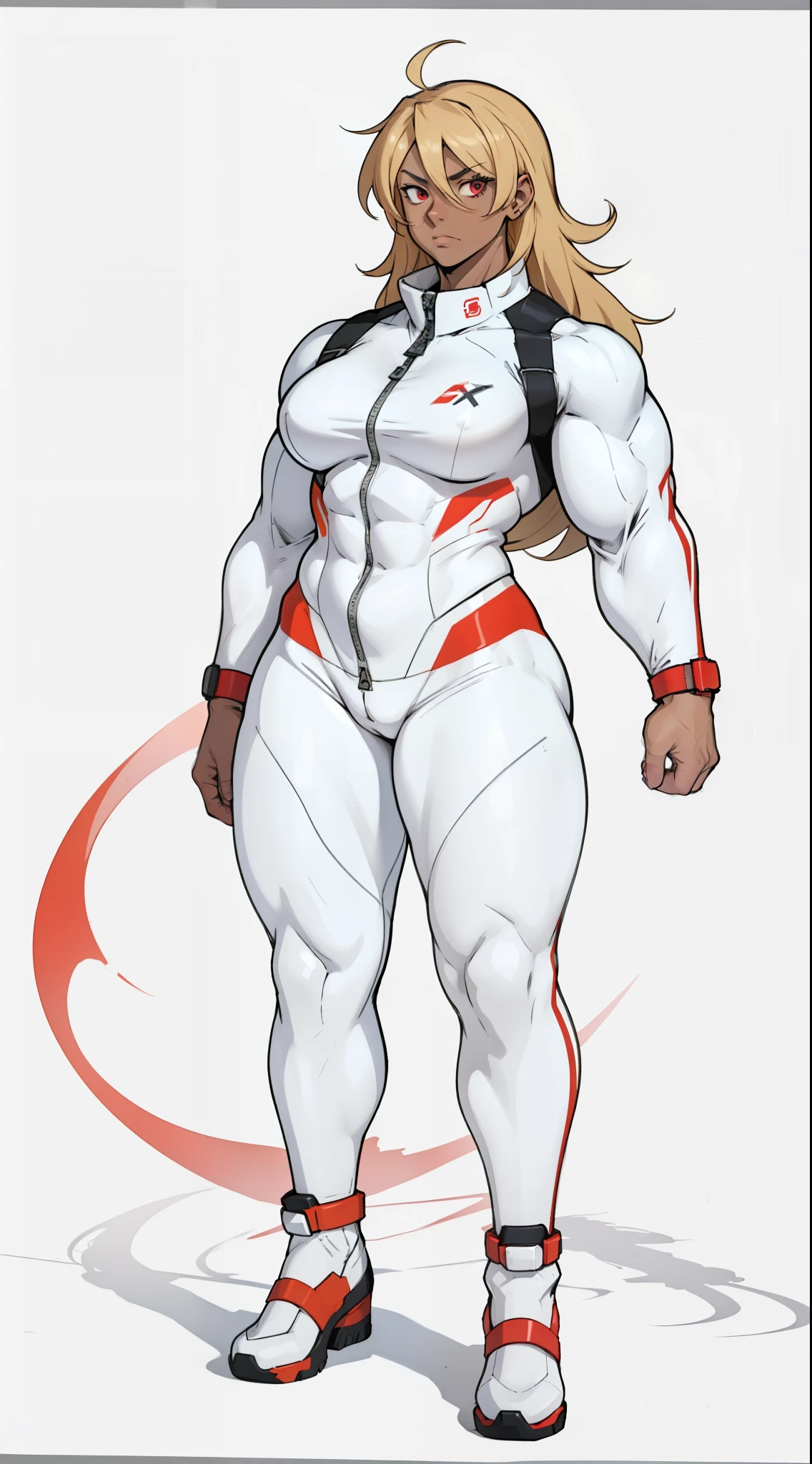 masterpiece, ultra quality, Beautiful detailed, extremely detailed,16K, exquisite, absurdity, highres, Beautiful background, Beautiful eye, Beautiful skin, anime style, ((1 girl)), ((woman's face:1.3)). cream hair, dark red eyes, very long hair, bouncy hair、brown skin, ((((very muscular body:1.3)))), 巨大なchest, chest, crooked, (concrete, Shadow, Dark atmosphere background)、angry、((full body pilot suit)), cameltoe