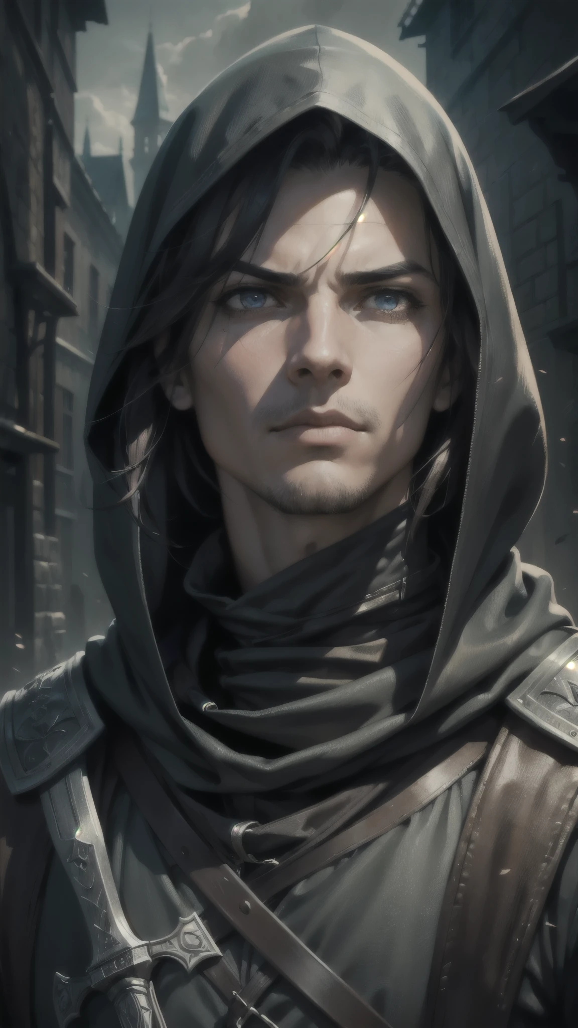(Up close, Portrait, close-up shot) Male, Levi Ackerman, high-detailed, Assassin, medieval, hooded, thief, rogue, dark atmosphere, intense eyes, detailed facial features, stealthy, poised stance, shadowy background, impressive sword, intricate armor, expertly detailed clothing, ancient cityscape, dramatic lighting, mysterious, dangerous, hauntingly beautiful, artful composition, masterful brushwork, realistic rendering, vivid colors, dynamic perspective