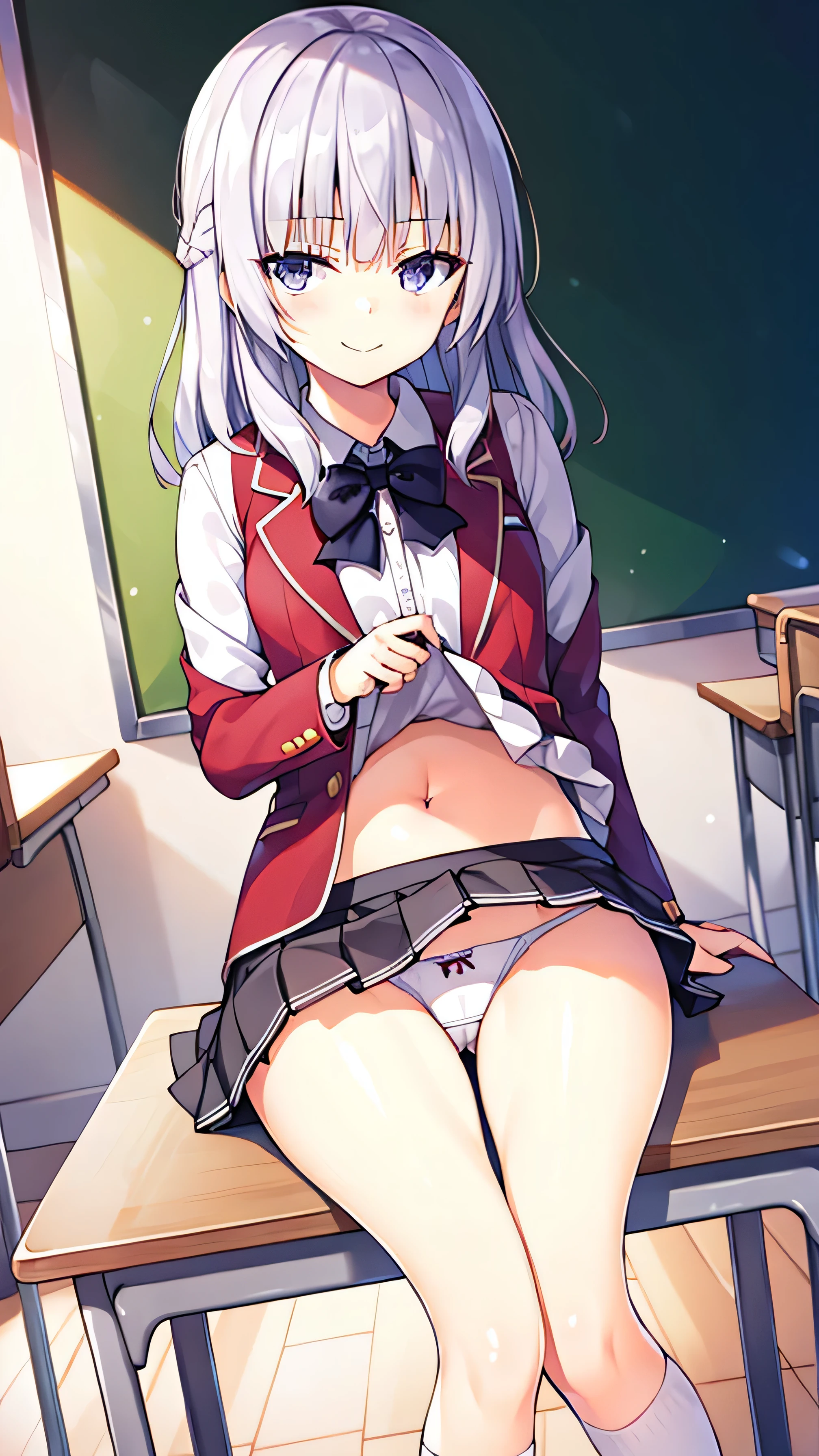 1 girl, underwear, skirt, alone, underwear, Chest, classroom, shirt, bow, lexistg_hair, white_, skirt_lift, existindoor, Smile, Open_clothing, bowtie, navel, watch_exist_audience, clothing_lift, white_shirt, table, School_, blush, School_table, Bangs, yellow_hair, pleexisted_skirt, blackboard, No_OK, disseminate_leg, Brown_Eye, Jacket, Red_bow, Open_shirt, lifted_go through_Mine, closure_Mouth, Red_bowtie, collaRed_shirt, lexistg_sleeve, side lock, Comfortable_Chest, Dutch_angle, skirt_shirt, sitting, leave_Shoulder, big leg, Open_Jacket, Stomach, exist_table, suit, flashing, chair, Black_skirt,