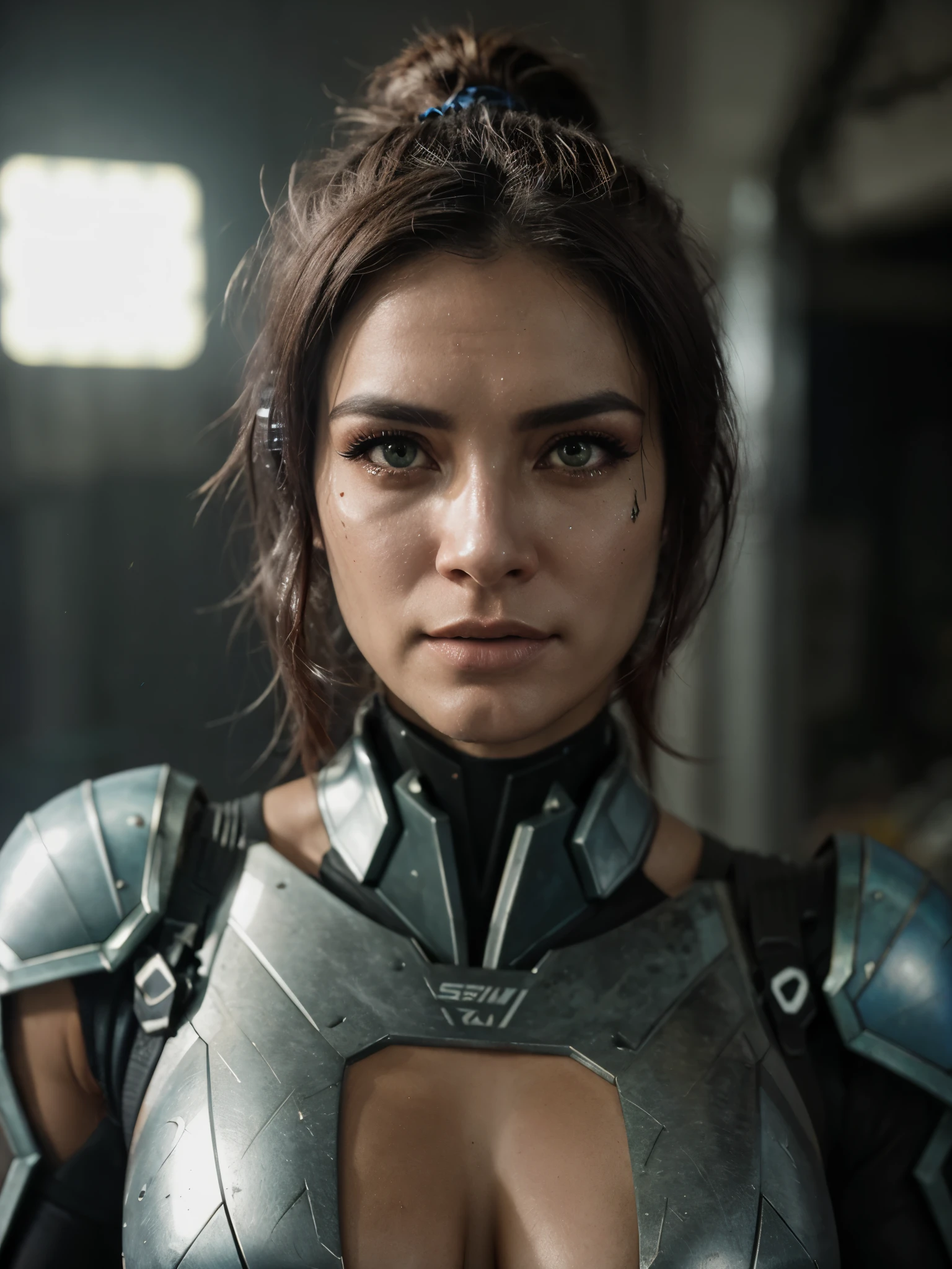 Medium shot of a sexy female cyborg wearing scratched and stained futuristic armor in a destroyed futuristic city, fantasia, sci-fi, lindo rosto feminino, sedutor, sexual, mist, vivid and seductive eyes, dramatic, obra-prima da melhor qualidade, fotorrealista, detalhado, 8K, hdr, profundidade superficial de campo, cinematic lighting, florescer, brilhos de luz, Chromatic aberration, sharp focus