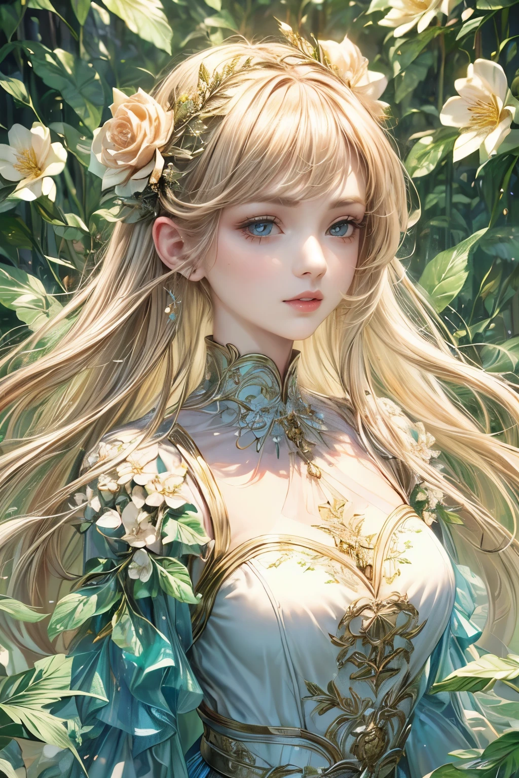 (high quality, 8K, CG, Upper body details, girl, Floral Dress, forest background, detailed facial features, elegant long hair, big almond eyes, Detailed eye makeup, long eyelashes fluttering, blinking big eyes, twinkling stars, Intricate lip details, The style is soft)