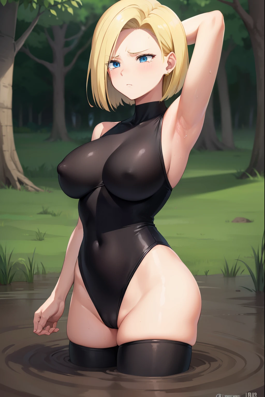 highest quality, High resolution, whole body,AND18, 1 girl, android 18, alone, golden hair, blue eyes, short hair,earrings,big breasts, frown,crying face,tears,embarrassing,blush,wide open mouth,Sweat,1 girl, black leotard, black high leg cut,( drown in the swamp:1.2),raise both arms,