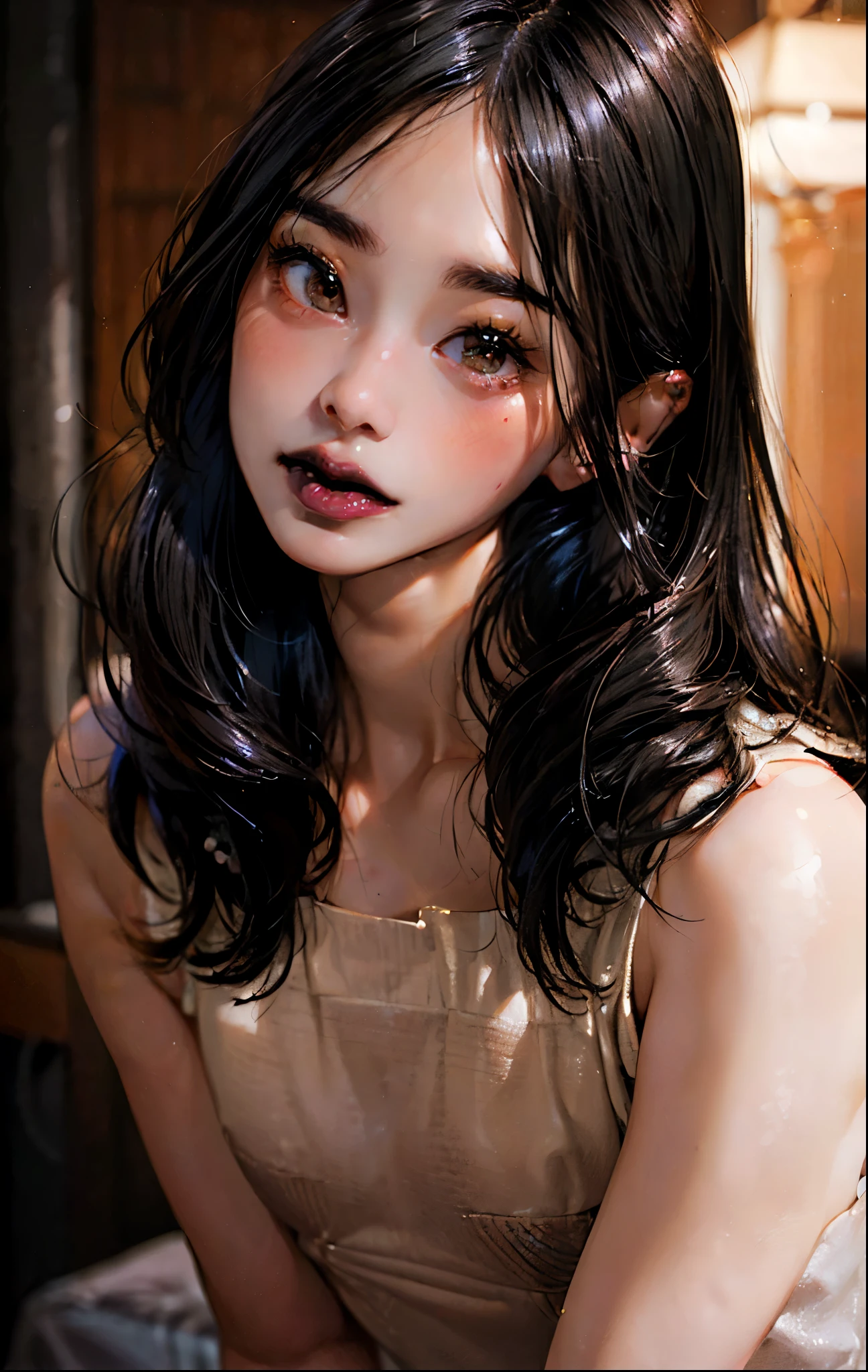 (Excellent photo of a sexy Japanese girl),1girl, 27yr old, Innocence, (Photorealsitic),(best quality:1.4), ((absurdres,ultra highly detailed)), (highly detailed eyes), (detailed facial features), nfsw, (lensflare:0.7),(oval face),(bushy eyebrows),straight eyebrows,low eyebrows,(plump lips:1.3),(glossy lips:1.2),(lipstick,black lips:1.2),(metallic eyeshadow),(blush),black hair,(brown eyes), wide forhead,nude,(flat chest:1.5),
