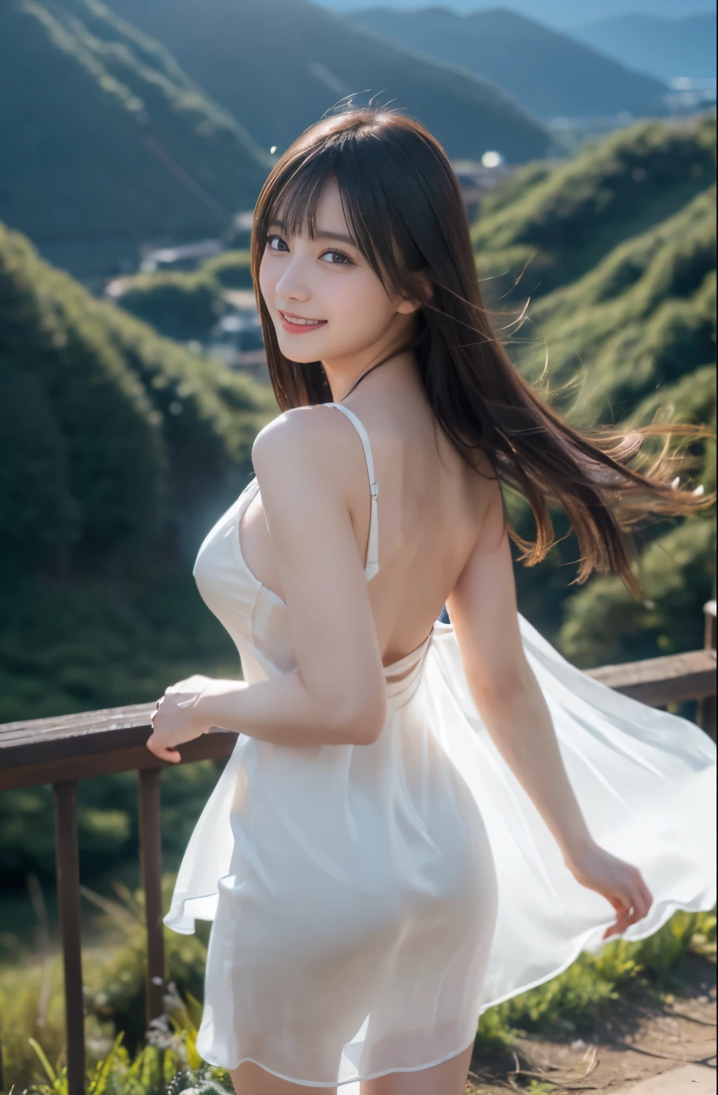 (8K, highest quality, Raw photo、masterpiece: 1.2), Super detailed, highest quality, ultra high resolution, professional lighting, photon mapping, radio city, Physically based rendering, cinematic lighting, Depth of written boundary, 1 female、24-years-old、 ((top of the mountain))(full body shot), ((silk dress))(looking at the viewer:1.3) very slim, medium breasts, ( Wind, Wind lift:1.3)((from behind))(buckshot), cute, white skin、looking at the viewer, light smile,alone, enchanting smile, wide opening, professional lighting, Sony α7R4, Zecy 50mm F1.8, medium breasts,thin and beautiful eyes,