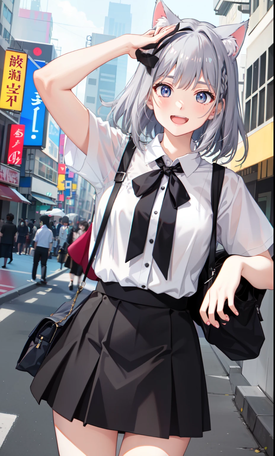 1 girl、laughter、shirt、blouse、skirt、（）I play、movement、（gray hair）、Cat ear、