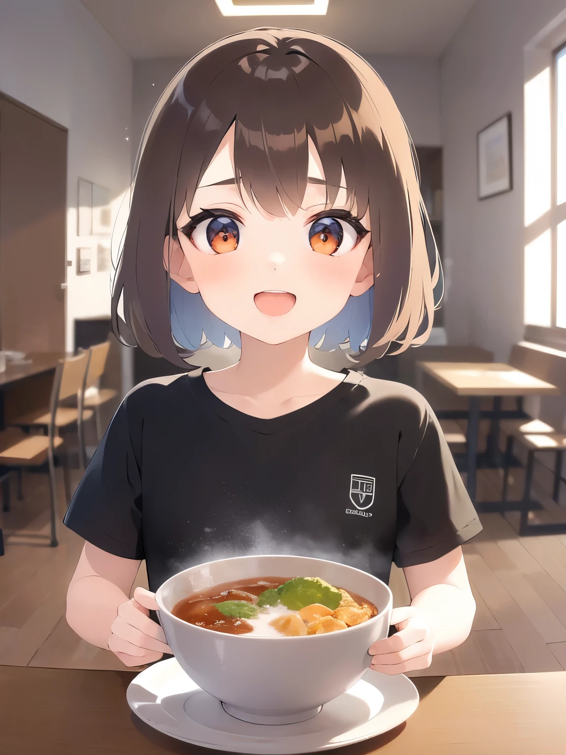 holding a curry on a plate、、bob cut, masterpiece、highest quality、 (hair with brown bangs) and (orange eyes) and (5 year old girl:1.5)、young girl, (black) and (T-shirt)、smile、open mouth, Are standing、The background is the living room、Upper body is shown、Alone、