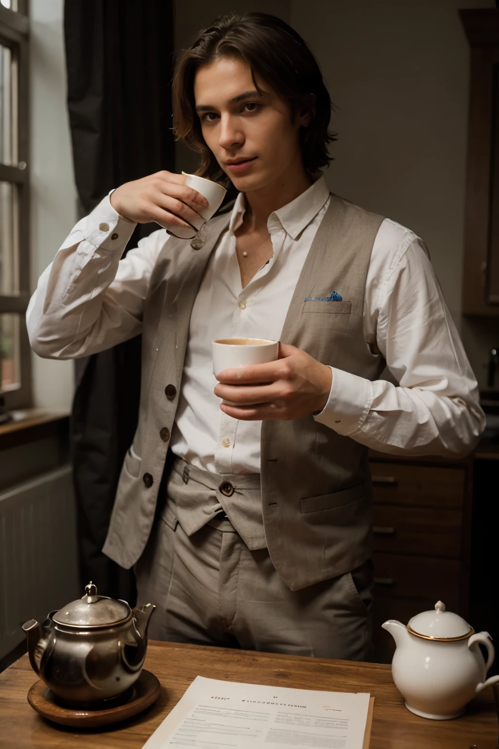 ((best quality)), ((masterpiece)), (detailed), the man with cup of tea