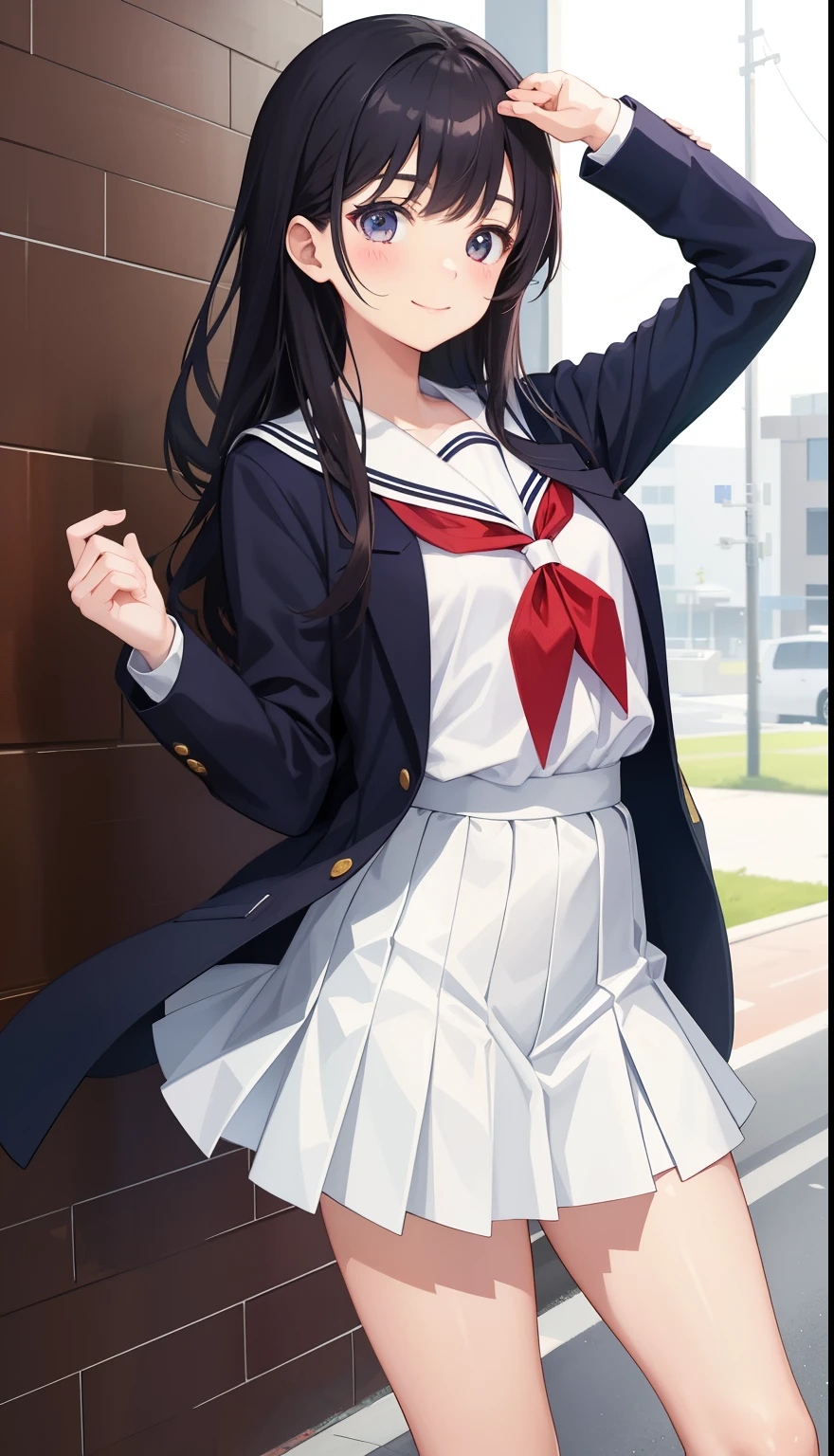 1 girl、smile、pretty girl、high school student、uniform、serafuku、(small breasts)、Portrait from the crotch to the top、