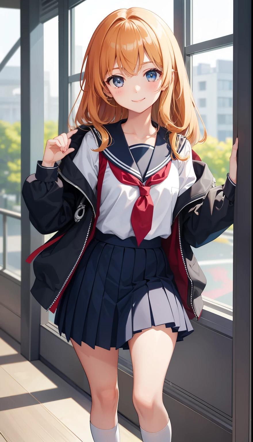 1 girl、smile、pretty girl、high school student、uniform、serafuku、（small breasts）、Portrait from the crotch to the top、