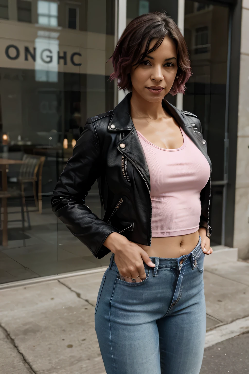 Femme, dans la quarantaine, cheveux courts noirs et roses, seins de taille moyenne, veste en cuir noir, CASSER, graphic pink tank top, CASSER, jeans, vue de tout le corps