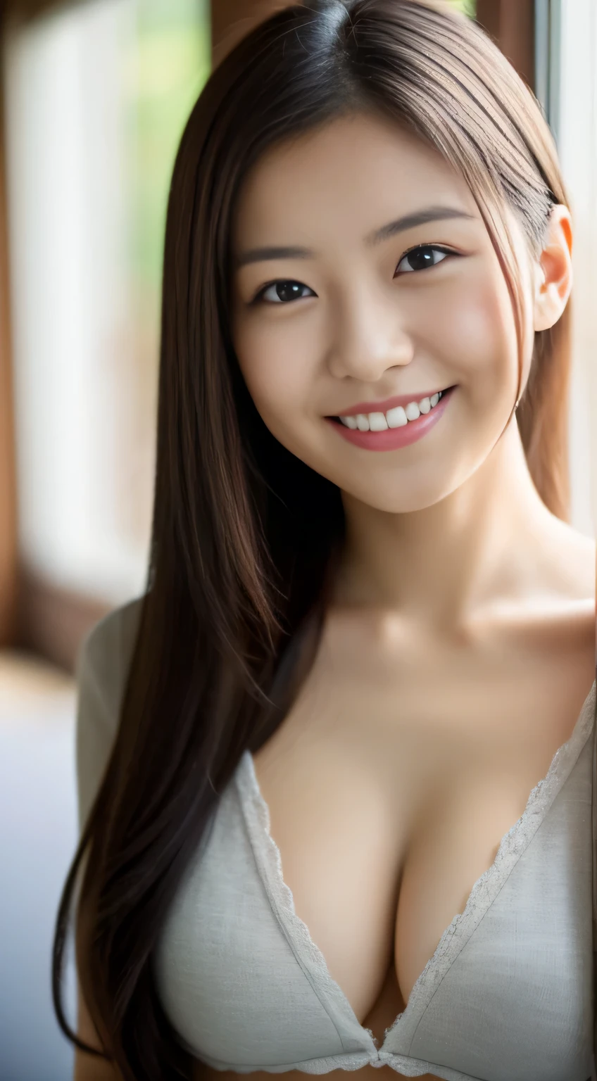 masterpiece,best quality,(Japanese ),((Beautiful girl)),cleavage,indoor,(perfect body beauty:1.2),(shy smile),beautiful teeth,