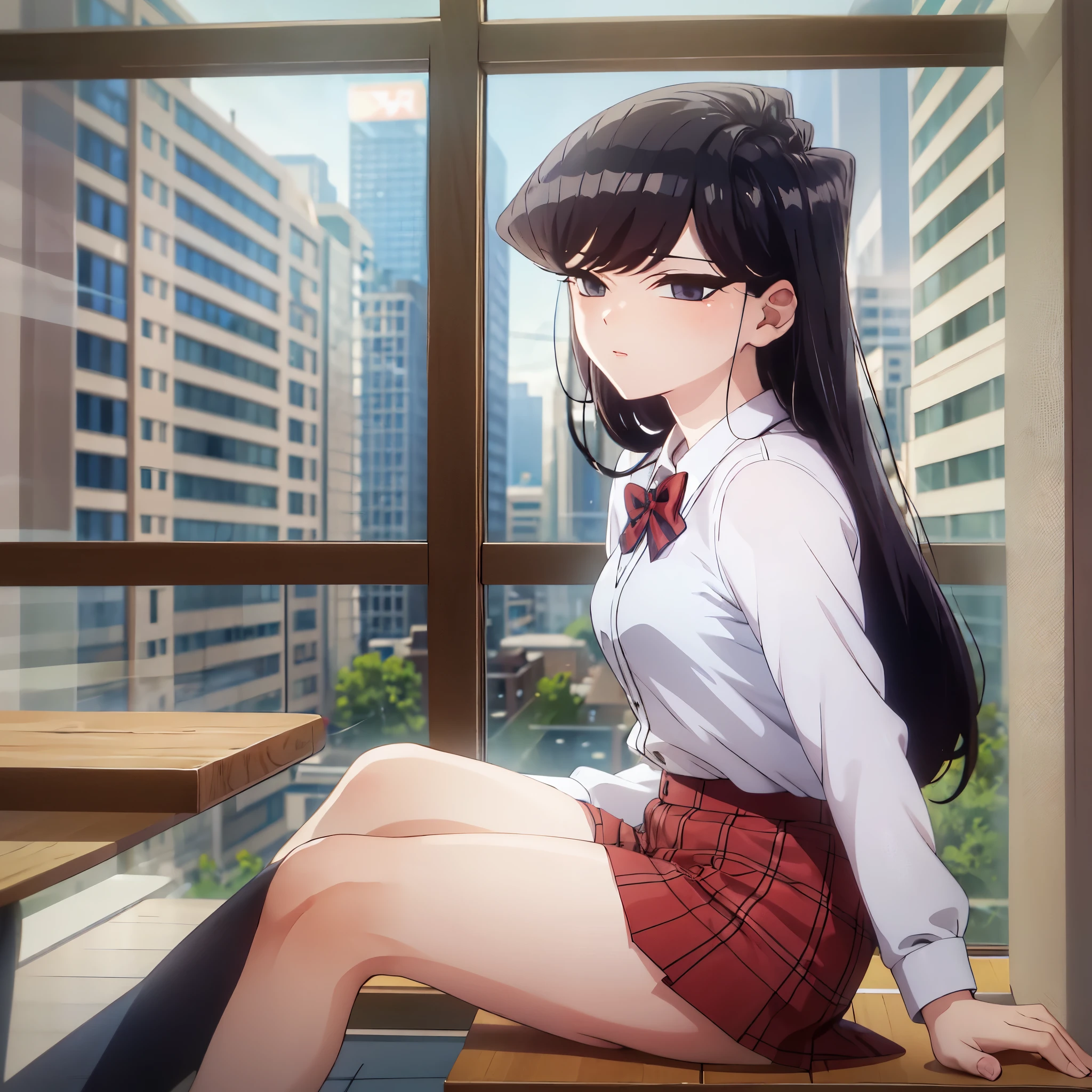 komiShouko, masterpiece, best quality, absurdres, 1girl, looking at viewer, v arms, pantyhose, classroom, , red skirt, red bow, blazer, window, sitting, chair, crowd,crossing legs,medium thighs.