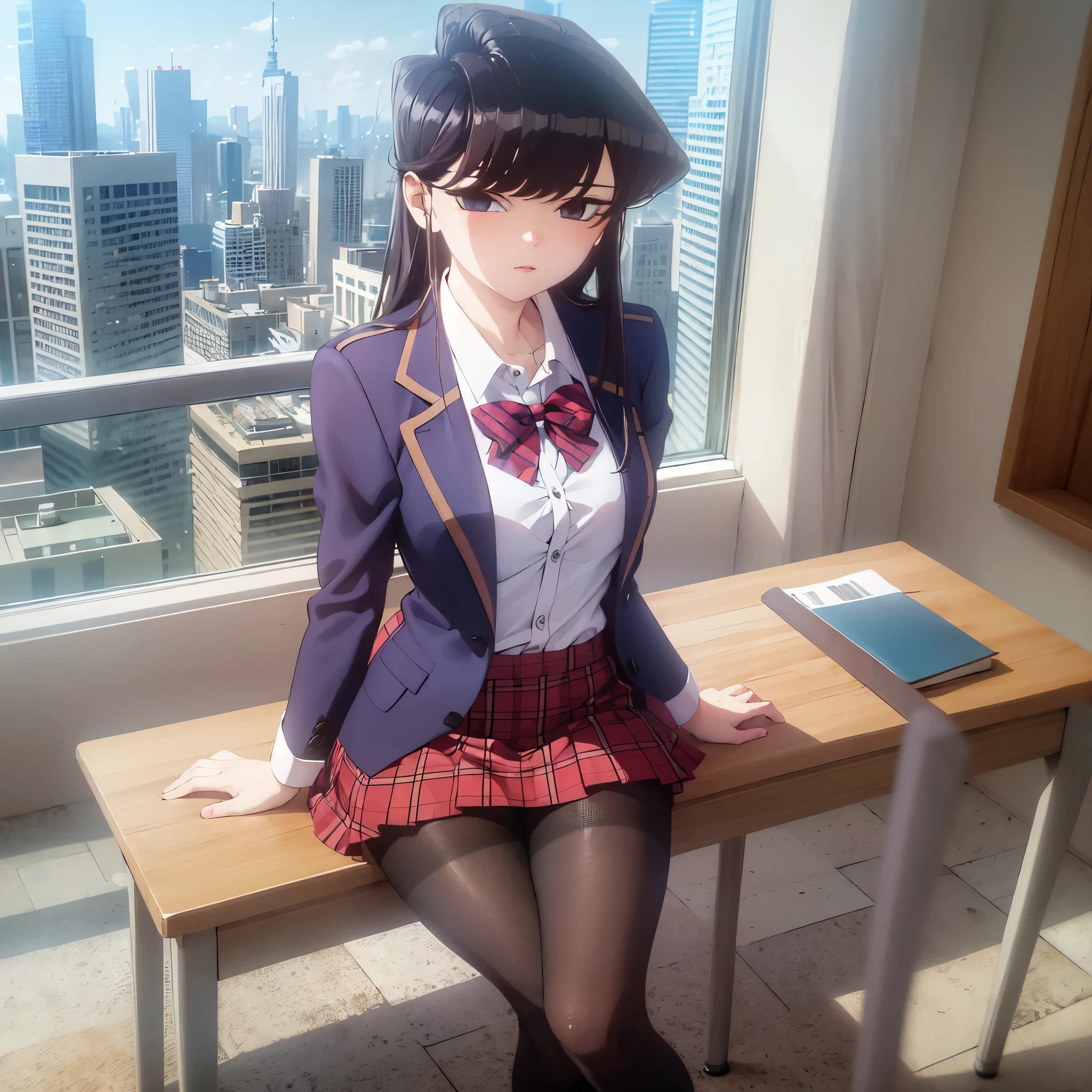 komiShouko, masterpiece, best quality, absurdres, 1girl, looking at viewer, v arms, pantyhose, classroom, , red skirt, red bow, blazer, window, sitting, chair, crowd,crossing legs,medium thighs.