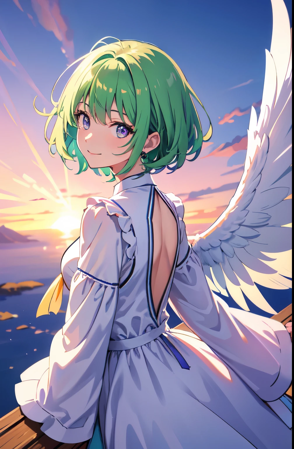 artwork, 8K! Animated Illustration, masterpiece, highly detailed 8K CG unit wallpapers, incredibly bright colors, green hair、purple eyes、 Wearing a simple sensual blouse, Almost transparent, Her gaze is focused on the viewer., heavenly landscape background, Calm and soft god on the face of a beautiful girl々new light、dazzling、Goddess、big white feathers on the back、whole body、front、flying in the sky、wings on the back、happiness、smile、short hair