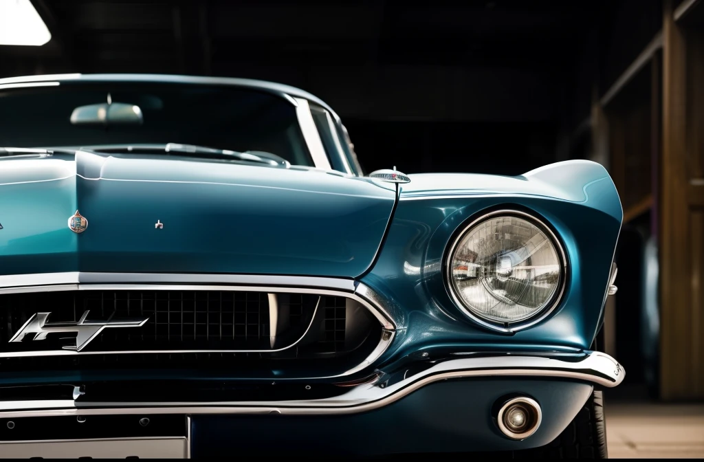 (best quality,4k,8k,highres,masterpiece:1.2),ultra-detailed,(realistic,photorealistic,photo-realistic:1.37),blue metallic Mustang 1958,classic car,shiny,chrome details,dynamic lines,vintage vehicle,sleek design,powerful engine,reflection of surroundings,headlights on,accelerating speed,open road,sunset,orange sky,aesthetically pleasing,retro feel,car enthusiasts dream,showcased in a showroom,motion blur effect,captivating beauty,admired from all angles,impressive craftsmanship,immaculate condition,exquisite paint job,perfectly polished,graceful curves,roaring engine sound,high-octane energy,speedometer,steering wheel,pedals,leather seats,comfortable interior,luxurious features,desirable model,iconic symbol of a bygone era