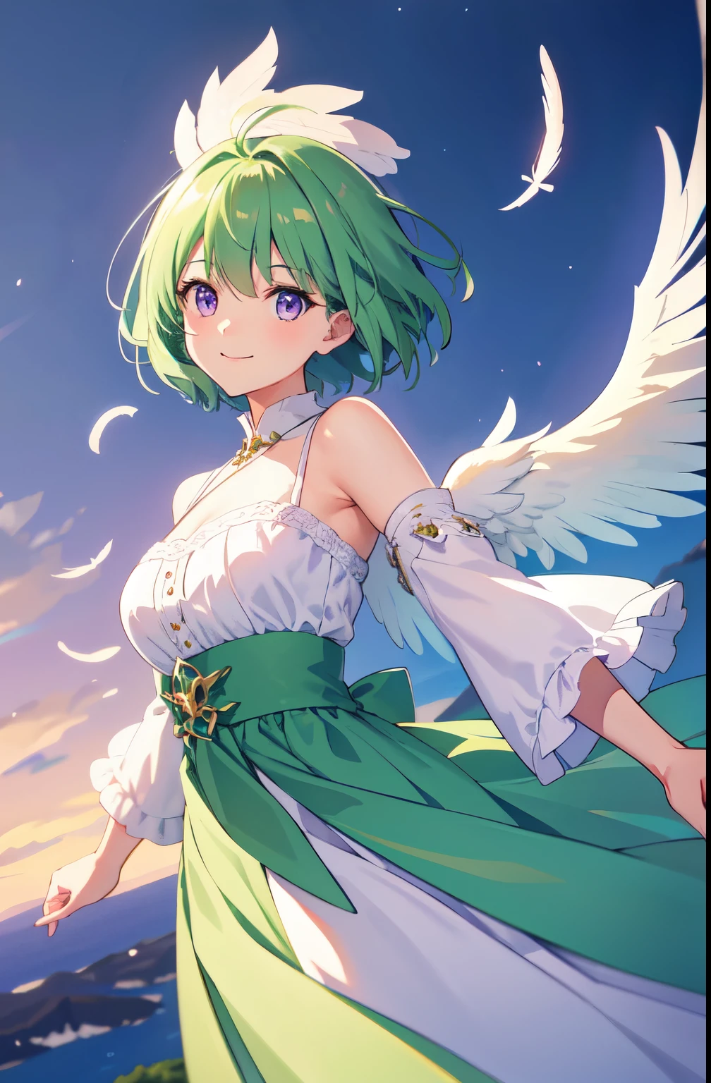artwork, 8K! Animated Illustration, masterpiece, highly detailed 8K CG unit wallpapers, incredibly bright colors, green hair、purple eyes、 Wearing a simple sensual blouse, Almost transparent, Her gaze is focused on the viewer., heavenly landscape background, Calm and soft god on the face of a beautiful girl々new light、dazzling、Goddess、big white feathers on the back、whole body、front、flying in the sky、wings on the back、happiness、smile、short hair
