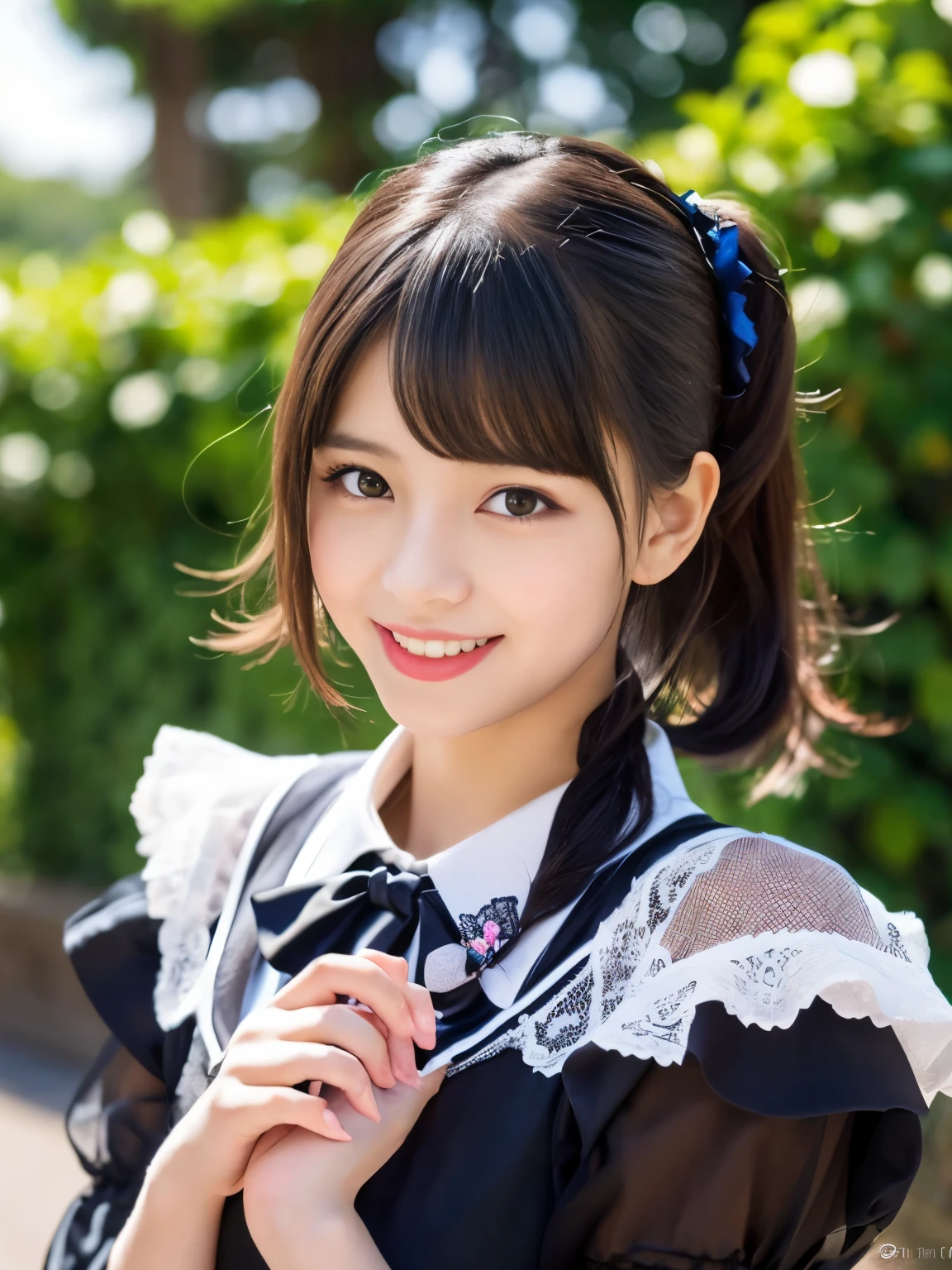 highest quality, High resolution, realistic pictures, detailed skin texture, ((e 12 panese girl wearing maid uniform)), view audience, slim body shape, charming gaze,  Fair skin, baby face, (fl1.2), long straight hair, flower hair ornament, (loli:1.2)