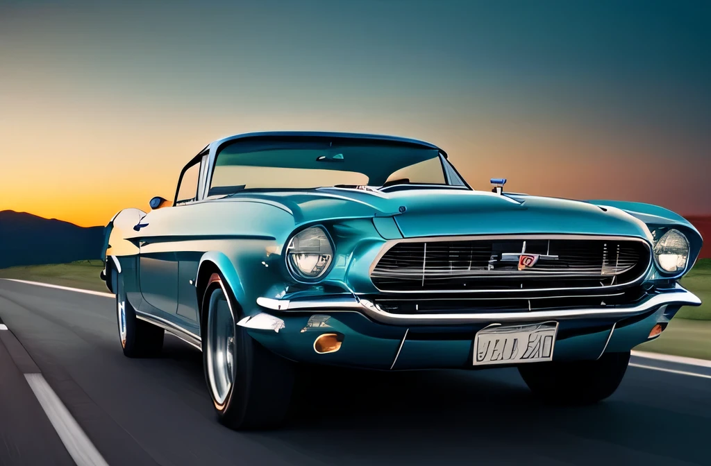 (best quality,4k,8k,highres,masterpiece:1.2),ultra-detailed,(realistic,photorealistic,photo-realistic:1.37),blue metallic Mustang 1958,classic car,shiny,chrome details,dynamic lines,vintage vehicle,sleek design,powerful engine,reflection of surroundings,headlights on,accelerating speed,open road,sunset,orange sky,aesthetically pleasing,retro feel,car enthusiasts dream,showcased in a showroom,motion blur effect,captivating beauty,admired from all angles,impressive craftsmanship,immaculate condition,exquisite paint job,perfectly polished,graceful curves,roaring engine sound,high-octane energy,speedometer,steering wheel,pedals,leather seats,comfortable interior,luxurious features,desirable model,iconic symbol of a bygone era