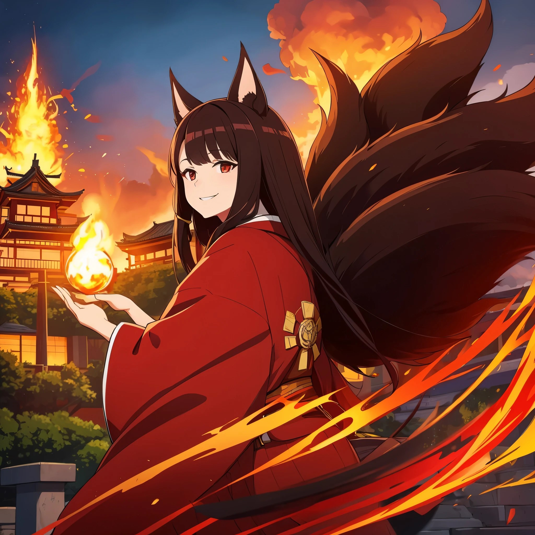 A woman with dark brown hair, red eyes, smiling, with red flames, a red Japanese castle behind, red kimono with black and gold details, kitsune ears, multi-tails kitsune.