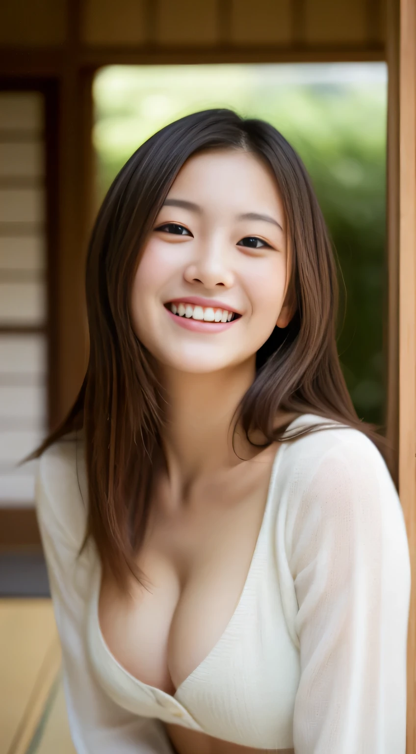 masterpiece,best quality,(Japanese ),((Beautiful girl)),cleavage,indoor,(perfect body beauty:1.2),(shy smile),beautiful teeth,