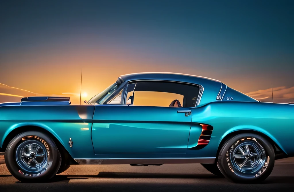 (best quality,4k,8k,highres,masterpiece:1.2),ultra-detailed,(realistic,photorealistic,photo-realistic:1.37),blue metallic Mustang 1958,classic car,shiny,chrome details,dynamic lines,vintage vehicle,sleek design,powerful engine,reflection of surroundings,headlights on,accelerating speed,open road,sunset,orange sky,aesthetically pleasing,retro feel,car enthusiasts dream,showcased in a showroom,motion blur effect,captivating beauty,admired from all angles,impressive craftsmanship,immaculate condition,exquisite paint job,perfectly polished,graceful curves,roaring engine sound,high-octane energy,speedometer,steering wheel,pedals,leather seats,comfortable interior,luxurious features,desirable model,iconic symbol of a bygone era