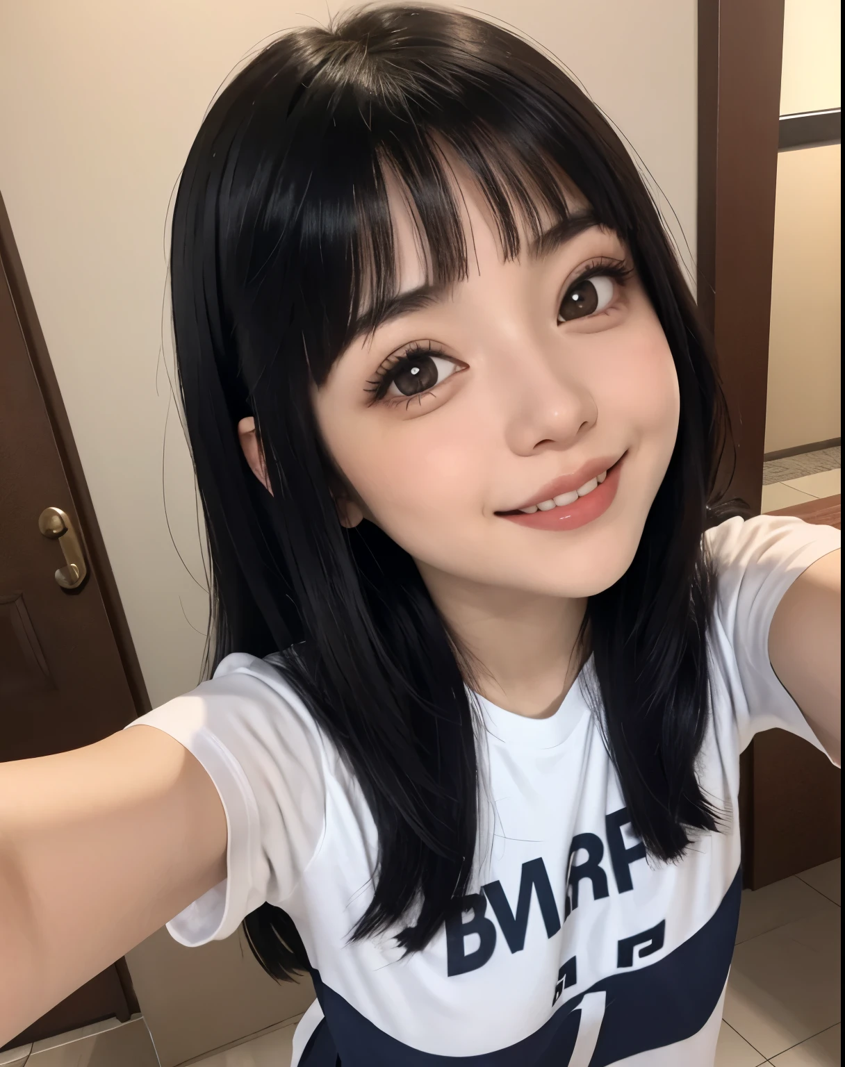 hinata hyuga, camiseta branca lisa, selfie, smile expression