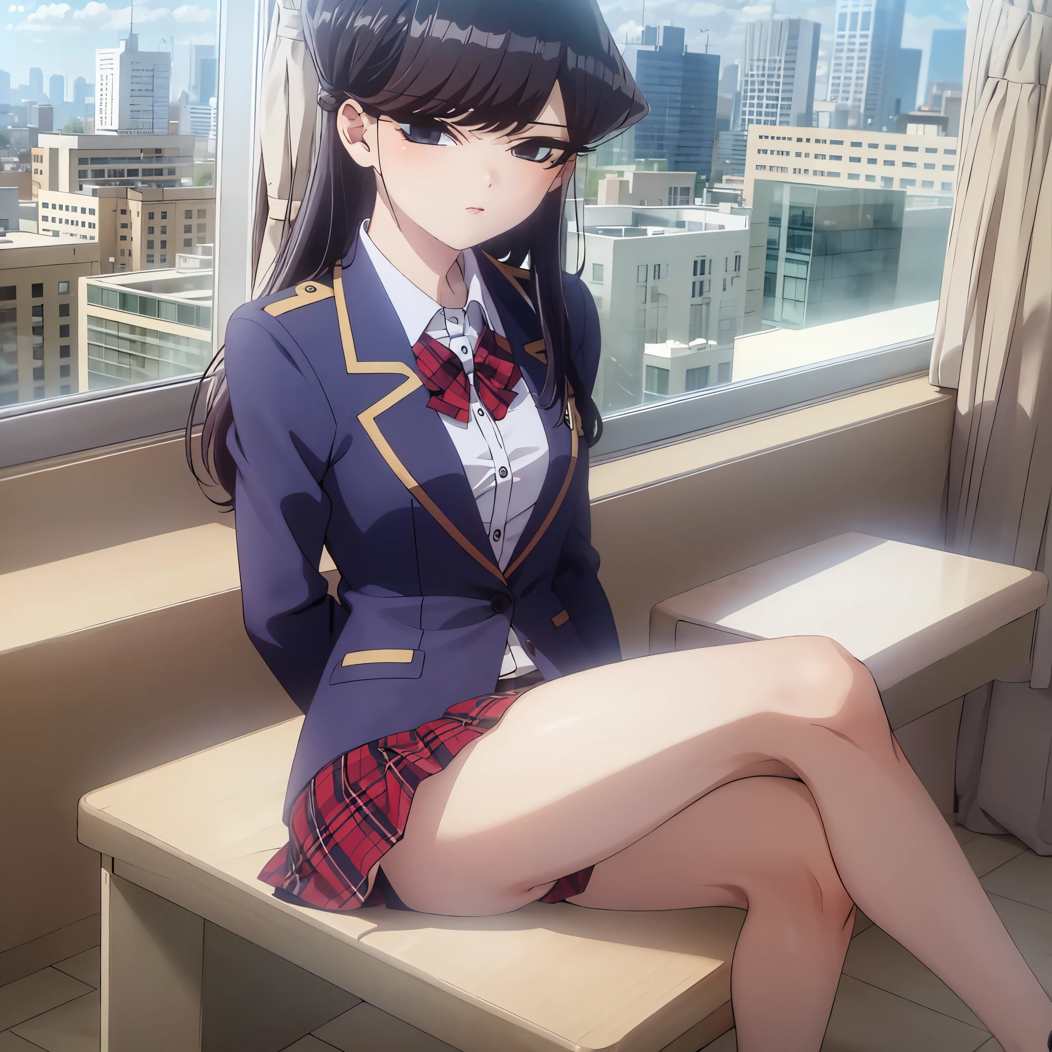 komiShouko, masterpiece, best quality, absurdres, 1girl, looking at viewer, v arms, pantyhose, classroom, , red skirt, red bow, blazer, window, sitting, chair, crowd,crossing legs,medium thighs.