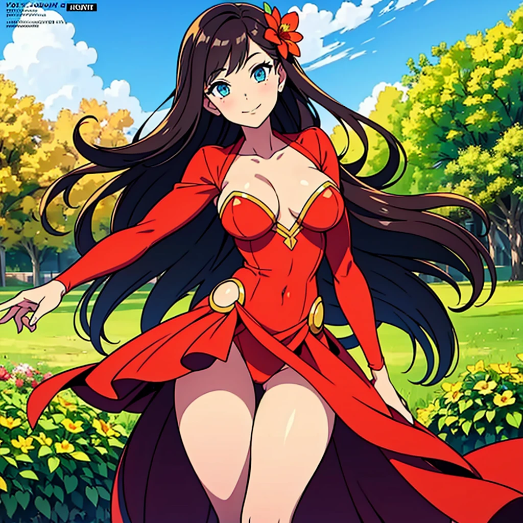 a beautiful girl with long flowing hair, radiant smile and captivating eyes, wearing a stunning red dress, posing on a lush green garden background, with colorful flowers blooming all around her. The girl is the main focus of the image, showcasing her grace and elegance. The scene is captured in a high-resolution photograph, with ultra-detailed features and realistic lighting. The image is of the highest quality, with vibrant colors, sharp focus, and bokeh effect. The art style is reminiscent of a glamorous magazine cover, combining fashion and natural beauty. The color tone of the image exudes warmth and vibrancy. The overall lighting creates a soft and flattering glow, accentuating the girl's features and adding depth to the scene. The image is a masterpiece, perfect for a magazine cover, evoking a sense of awe and admiration.